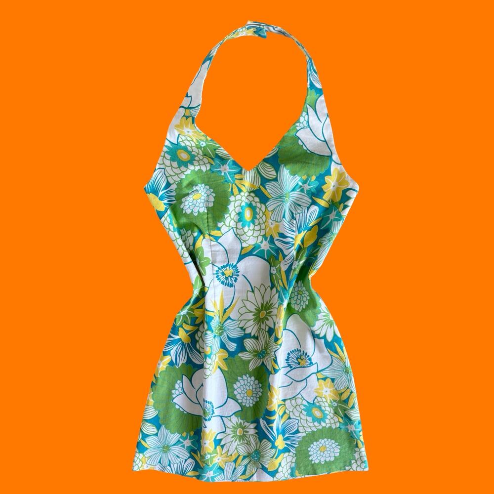 90's vintage tropical floral bodycon halter mini dress Size 11/12 city triangles